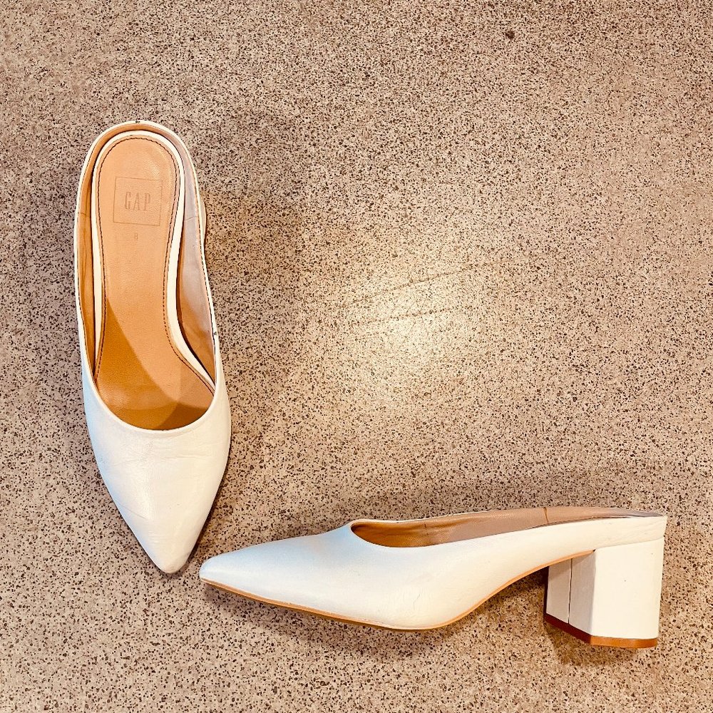 White mules with blocky heel
